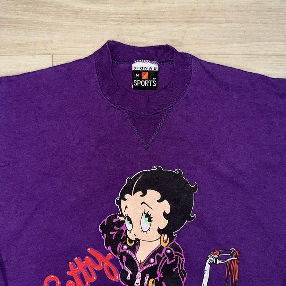 VINTAGE BETTY BOOP LONG SLEEVE T SHIRT Medium 90s MOTORCYCLE PURPLE CARTOON 1994 - Picture 5 of 9